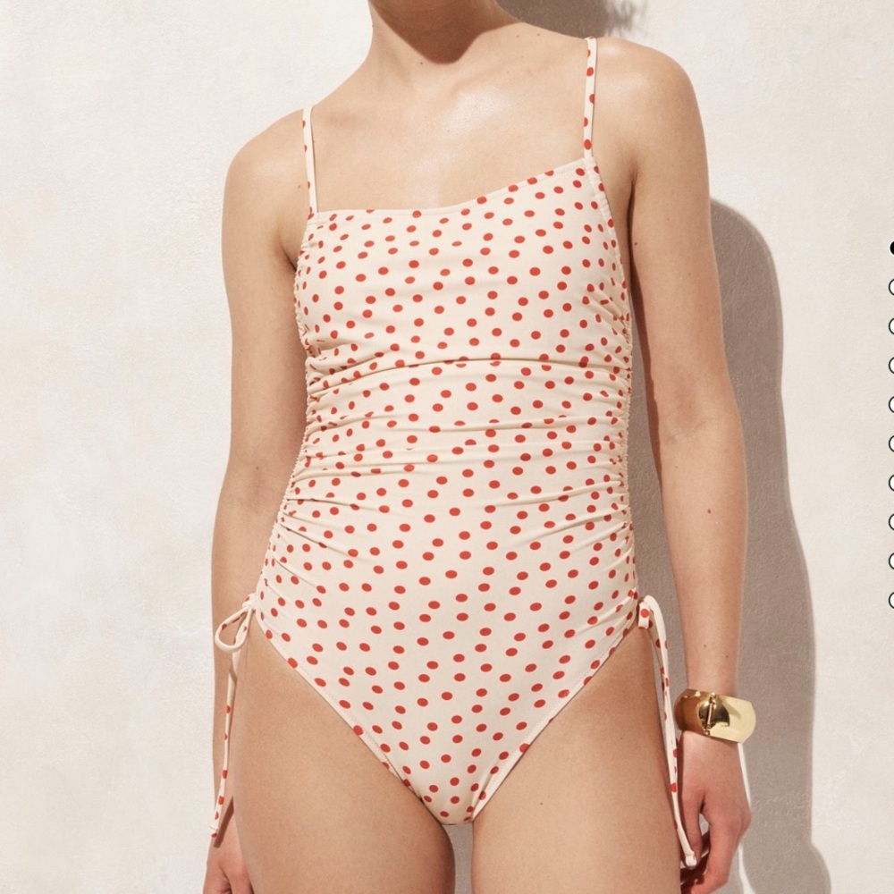J. Crew Red and Cream Ruched One Piece Swimsuit